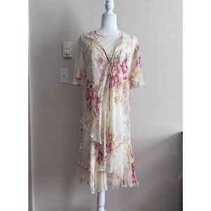 Vintage Y2K 90s Layered Silk Midi Dress Med Large Floral Cottagecore Yellow